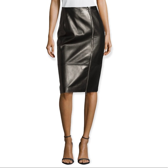 Dresses & Skirts - Michael Kors Plonge Genuine Leather Zip-Front Black Pencil Skirt